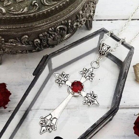 Gothic Cross Fashion Necklace with Red Jewel - Picture 2 of 7